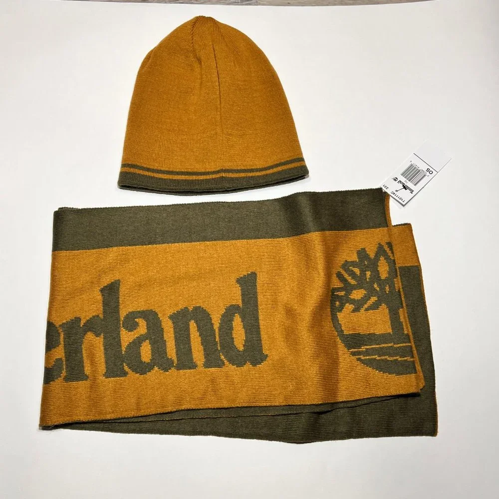 Timberland Beanie Hat Scarf Set Reversible Tan Green One Size Unisex Winter